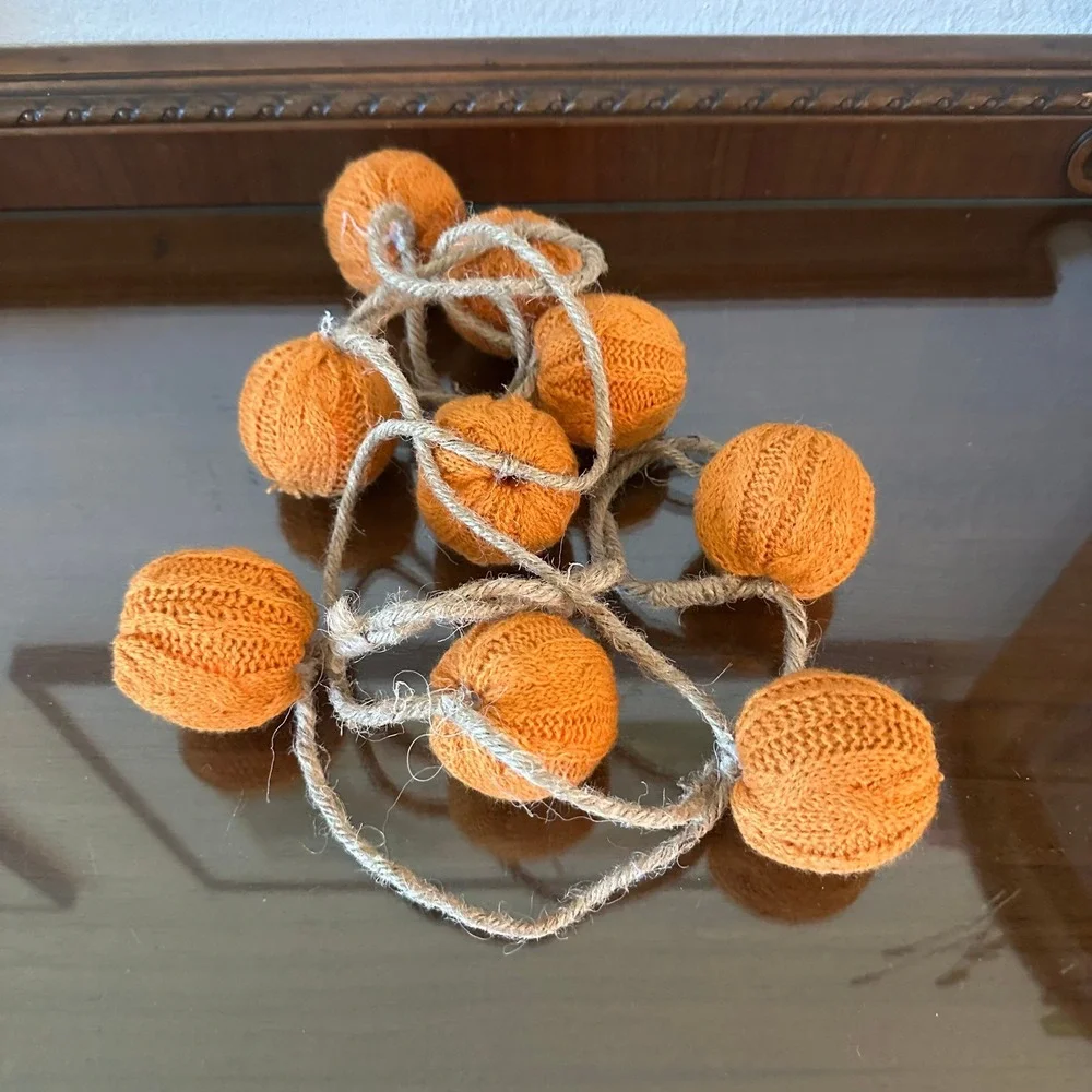 Knit Pumpkin Garland Fall Decor Burnt Orange Jute Twine Rustic Farmhouse 8 Piece